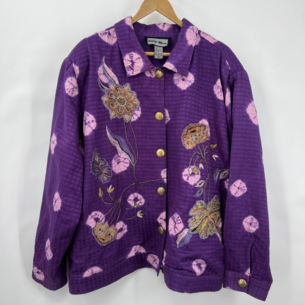 VTG Indigo‎ Moon Floral Embroidered Jacket 3X Purple Craftcore Cottagecore Boho